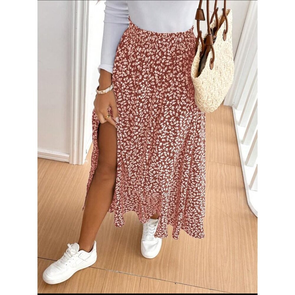 Boho floral print maxi skirt thigh slit navy blue - Picture 3 of 6